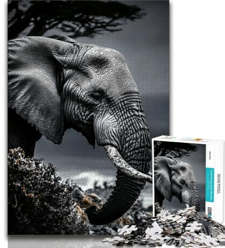Puzzle 1000 Teile für Teenager, Schwarz-Weiß-Elefant, Puzzle für Erwachsene, Stressabbau, schwierige Herausforderung, Wichtelgeschenke (Größe 38x26cm)