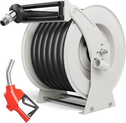 Schlauchtrommel 25 mm x 15 m einziehbar Kraftstoffschlauchtrommel, 300 PSI robuste Stahlkonstruktion industrielles Dieselschlauchtrommel, Auto-Drehgelenk mit Tankdüse Spule für Bauernhofschiff