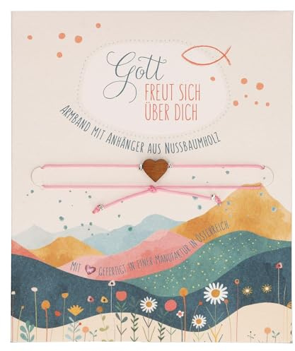 Textil-Armband mit Herz aus Nussholz: Gott freut sich über dich: Christlicher Schmuck für Mädchen zur Kommunion, Konfirmation oder Geburtstag. Rosa Kinderarmband