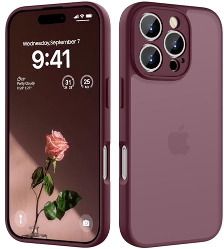 HGH für iPhone 16 Pro Hülle, Dunkel Rot | Vollständiger Kameraschutz Stoßfest Kratzfest Anti-Fingerabdruck Transluzente Rückseite Matt Handyhülle für iPhone 16 Pro