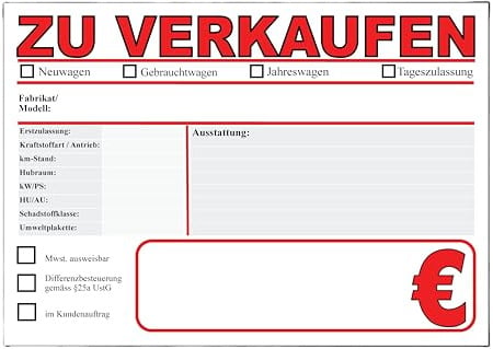 50 KFZ Verkaufsschilder PKW Auto Preisschilder Autohandel DIN A4