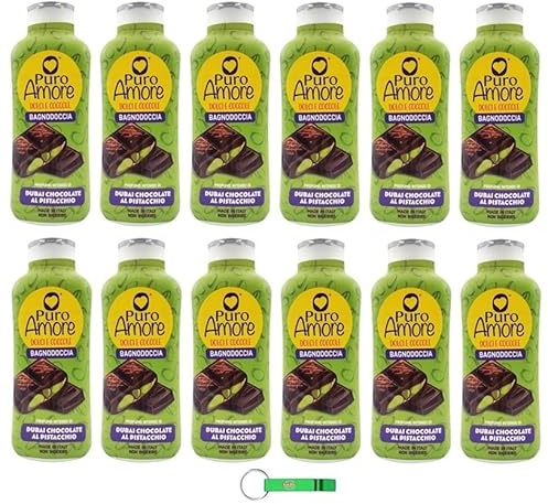 Puro Amore Dolci e Coccole Bagnodoccia Gel de Ducha de Chocolate Dubai con pistachos 650 ml + llavero Beni Culinari gratuito (12 unidades)