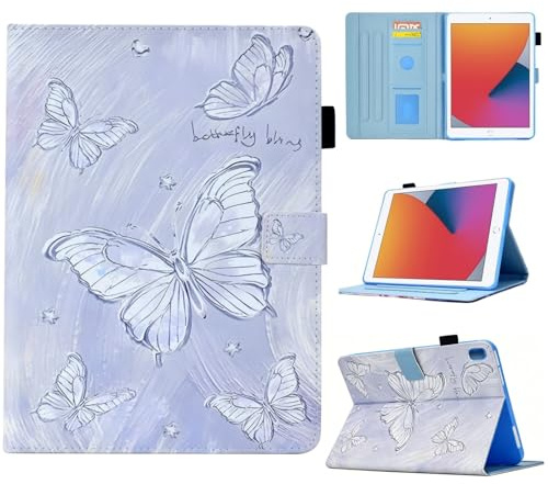 BYCeKe for iPad 9th/8th/7th Generation Case iPad 10.2-inch 2021/2020/2019 | 10.2 Vegan Leather Folio Smart Cover Protective Case with Multi-Angle Stand, Pencil Holder&Auto Sleep/Wake, White Butterfly