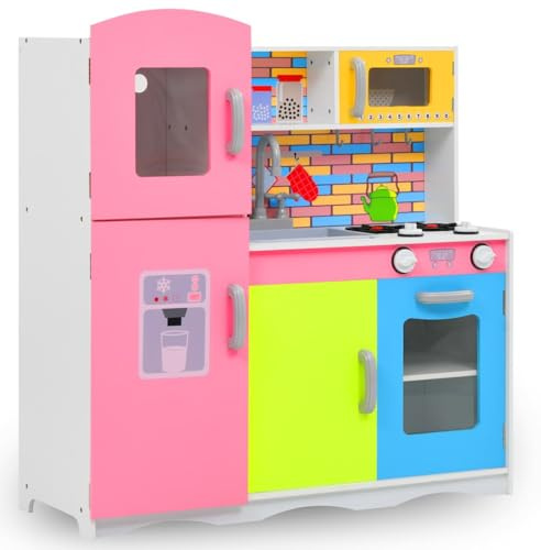 GeenYuu Cuisine de jeu pour enfants en MDF avec micro-ondes, cuisinière, évier et réfrigérateur - 80 x 30 x 85 cm - Multicolore - Accessoire de jeu de rôle éducatif pour tout-petits filles garçons