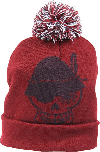 WIESNROCKER I WR1102-2 I Warme Winter Bommel-Mütze, Strick-Mütze weinrot/Bordeaux, Totenkopf vorne, Schriftzug hinten, One-Size, Unisex