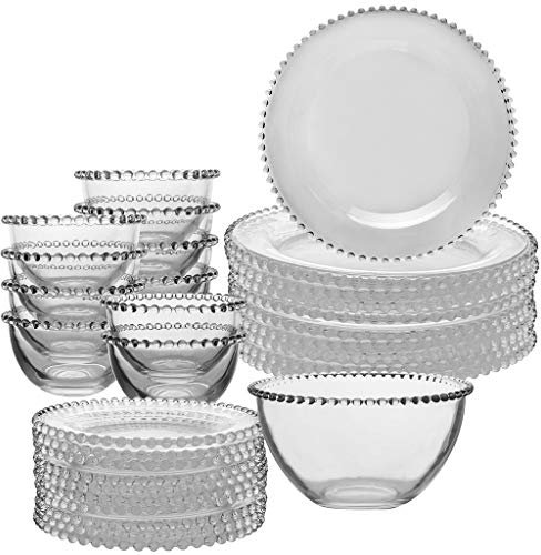 10 Person Luxury Glass Bella Perle Crockery Plate & Bowl Set with Salad Bowl Alfresco Dining Tableware