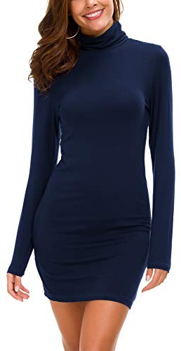 Femmes Casual Confortable Col Roulé Longues Manches élastique Mini Robe Sexy Bodycon Club Robe (S, Bleu Navy)
