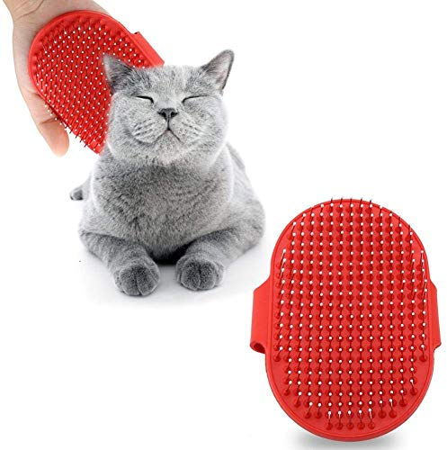 Hundebürste Katzenbürste Fellpflegebürste mit Massage Effekt Hunde Katzen Fell Bürste Reinigungsmassage Bürsten mit Silikon Noppen, Haustier Salon Pflegebürste mit Ergonomischer Griff (Rot)