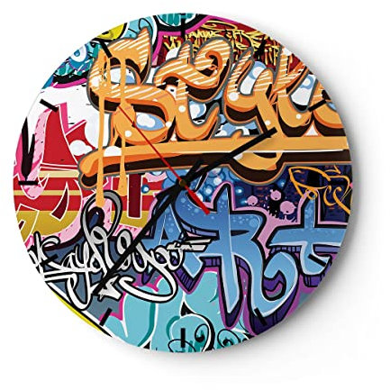 Modern Wanduhr Graffiti modern 30x30cm Rund Klein Wand Uhr Glas Analog Zimmeruhren Küche Büro Wohnzimmer Glasuhr Wall Clock Dekoration Design Wanddekoration Küchenuhr C3AR30x30-3578