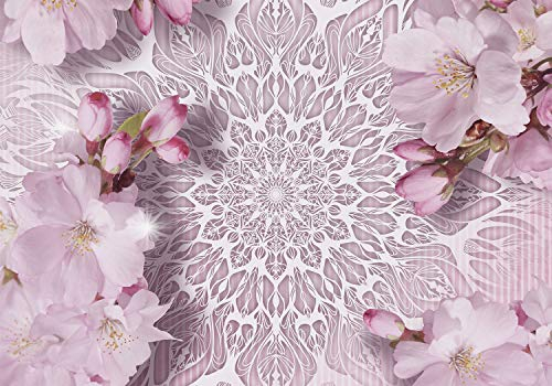 decomonkey Fototapete Mandala 350x256 cm Design Tapete Fototapeten Tapeten Wandtapete moderne Wand Schlafzimmer Wohnzimmer Blumen Kirschblüte rosa