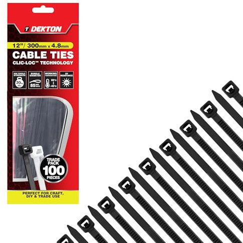 Dekton 100PC Cable Tie Set - 4.8MM X 300MM Black | Heavy Duty Industrial Strength | High Temperature Resistant | Self-Locking Teeth | Ideal for Cables, Piping, Gardening & Wires | Indoor & Outdoor Use