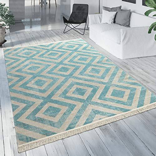 Paco Home Moderner Outdoor Teppich Geometrisches Rauten-Muster im Vintage-Look Flachgewebe Wetterfest & Pflegeleicht für Garten, Terrasse & Balkon, Blau Weiß, Grösse:120x170 cm