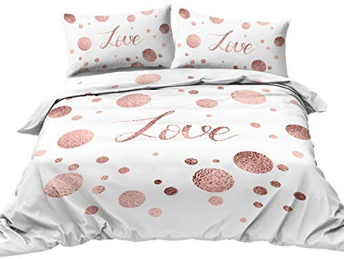 BlessLiving Love Letter Duvet Cover Faux Rose Gold Glitter Bedding 3 Piece Chic Pink Sparkle Polka Dots Bed Set Modern Quil Cover Pillowcase (Single)
