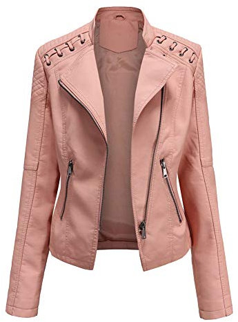 PU Pelle Giacca Donna Giubbotto di Finta Pelle Giacca Corta in Ecopelle Moto Biker Giacca da Donna Giubbino Elegante di Pelle PU con Cerniera Slim Fit Zip Cappotto Jacket Giubbotto Similpelle Rosa L