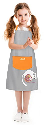 Viedouce kochschürze Kinder mit Tasche, Wasserdicht schürze für Kinder, Verstellbare Küchenschürze Schule Jungen Mädchen für schulgarten Basteln Bemalen Backen Kochen(4-13jahre) (Orange)