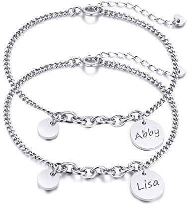 Set mit 2 Gliederarmbändern für Frauen, Kostenlose Gravur Verstellbare Freundschaftsarmbänder Personalisierte Runde Tag BFF Familienmanschette Edelstahlschmuck für Mädchen Schwester, Silber