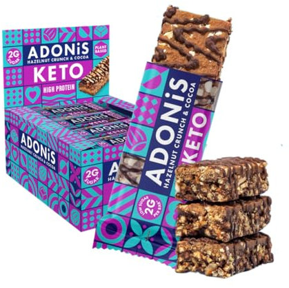 Adonis Hazelnut Crunch & Cocoa High Protein Keto Bars (16x45g) | Vegan & Keto-Friendly | 100% Natural Keto Snacks | Sugar Free, Palm Oil Free, Dairy Free | Low Sugar & Low Carb | Ideal for a Keto Diet