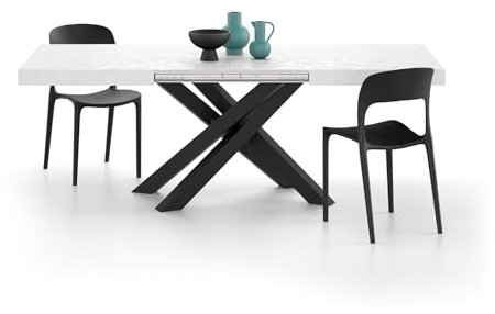 MOBILI FIVER, Mesa Extensible Emma 140(220) x90 cm, Color Cemento Blanco con Patas Cruzadas Negras, para 6-10 Personas, Mesa Extensible de Comedor, Mesa Cocina, Salon, Made In Italy