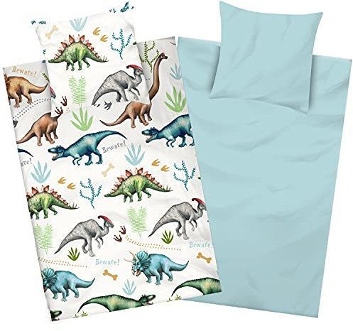 Aminata kids Biber-Bettwäsche Dinosaurier 135x200 cm + 80x80 cm, Baumwolle, Reißverschluss, Kinderbettwäsche mit Dino-Motiv, warm, weich & kuschelig, bunt