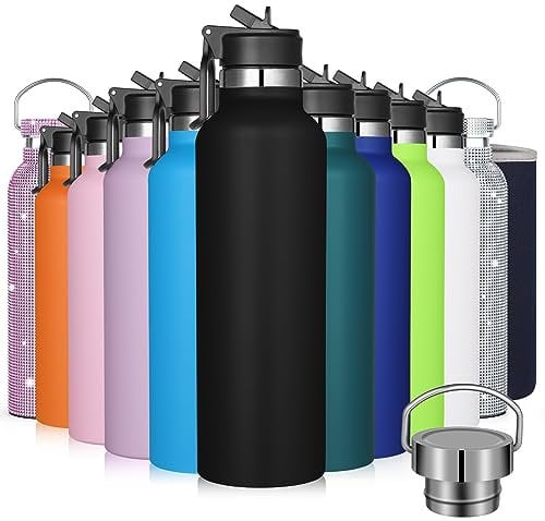 GeeRic Botella Agua Acero Inoxidable 1 Litro 750ml,Botella Termica de Boca Ancha 12H Caliente/24 Frío Sin BPA con Funda y Cubierta de la Manija, para Acampar,Escuela,Deportes,Gimnasio,Negro