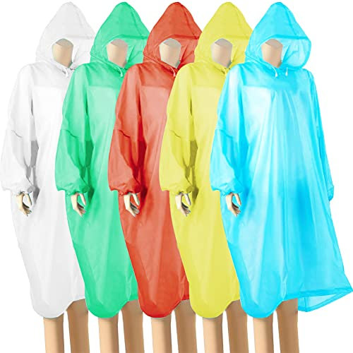 wehers - Poncho impermeabile, 5 pezzi, poncho antipioggia monouso per uomo e donna, con maniche lunghe e cappuccio, per festival, concerti, escursionismo, ciclismo, multicolore, XXXL