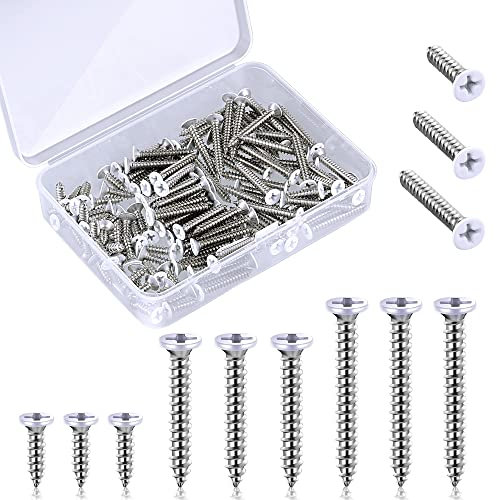 Peryiter 120 Stück #8 weiße Schrauben Edelstahlschrauben Flachkopf Holzschrauben weiß lackierte selbstschneidende Schraube Wandplatte Schrauben für Schalter Abdeckungen Ersatz, 3 Größen inklusive M8