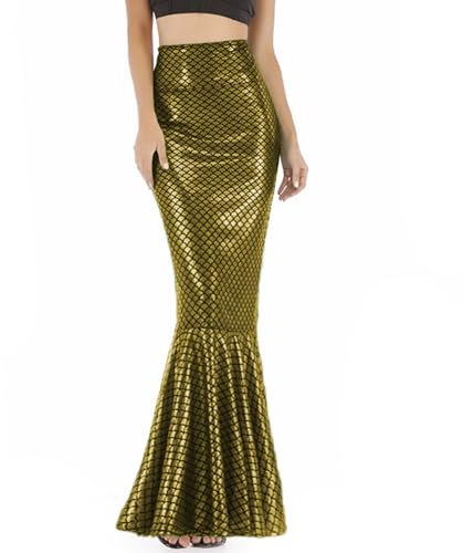 Jdlsppl Damen Meerjungfrau Schwanz Erwachsene Halloween Fischschuppen Kostüm Hohe Taille Metallic Tailliert Party Maxi Rock, Goldfarben, M