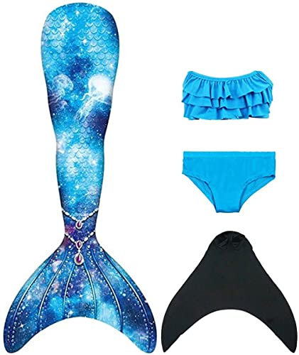 NAITOKE meerjungfrauenflosse mädchen Badeanzug - Meerjungfrau Flosse Bademode mit Bikini Set und Monoflosse Mermaid Tail, 4 Stück Set,IJNAD,150