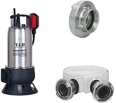 T.I.P. Schmutzwasser Tauchpumpe Baupumpe Maxima 400 CX Mit C 52-Storz-Kupplung, 1,5 Zoll IG - 45,48 mm Und Bau- Und Industriegewebeschlauch Mit 2″ C 52-Storz-Kupplungen