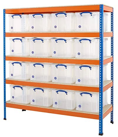 BiGDUG Shelving with Clear Really Useful Boxes - Plastic Storage Boxes - 20x 48 Litre Clear Boxes - 229h x 183w x 61d cm - 5 Levels - Up to 400kg Per Shelf UDL - Clear Boxes with Lids - Galvanised