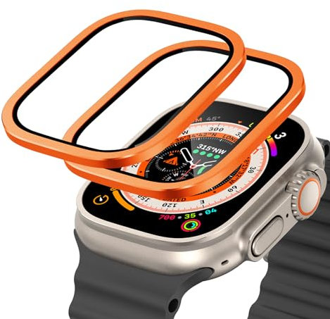 JHTSOLE Couverture de Protection d’écran Smartwatch en Verre trempé pour Watch Ultra 2 iwatch 49mm Alloy Frame Case Touch Sensitive Film en Verre de Protection Anti Rayures Orange