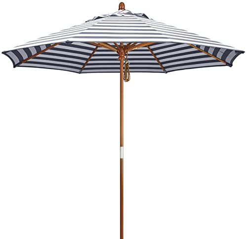 XIAOYUE Sonnenschirm, Holz Strandschirm ø 2.7 m, Gartenschirm Marktschirm, Gestreifter Terrassenschirm, 8 Rippen UPF 50+, für Garten, Terrasse, ohne Ständer (Blaue Weiß Streifen)