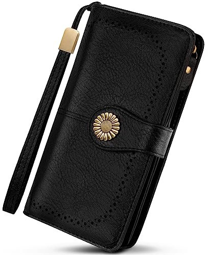 TEUEN Geldbörse für Damen, großes Fassungsvermögen, RFID-Blockierung mit Checkier, Ausweis, Kartenfächer, Organizer mit Reißverschluss für Münzen, Geschenk für Damen, Schwarz - Vintage Noir,
