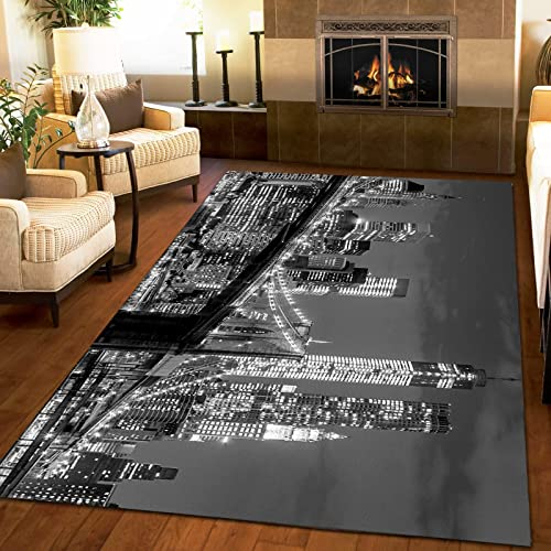 ZONOKI Brooklyn Bridge New York City Skyline Teppich, Schwarz-Weiß-Architekturlandschaft Teppich Waschbar rutschfest, Teppich Wohnzimmer Kurzflor - für Wohnzimmer Schlafzimmer Flur - 60 x 180 cm
