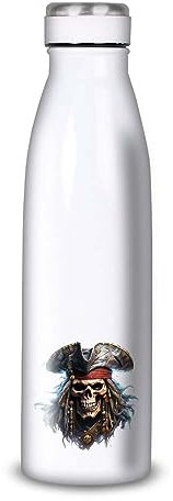 Gourde/Bouteille d'eau en Aluminium - Acier Inoxydable (thermos 24h) réutilisable 330ml à 750ml, Tête de Mort Pirates (Acier inoxydable, Bouteille (isotherme, bouchon plat) 500ml)