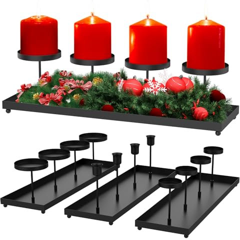 3 in 1 Schwarzes Metal Kerzenhalter Adventsleuchter-Tablett - 42cm - Säulenleuchter - Groß Mittel Klein Kerzenleuchter Tassen, Weihnachten Advent Winter Tischdekorationen, Adventskränze Eckig
