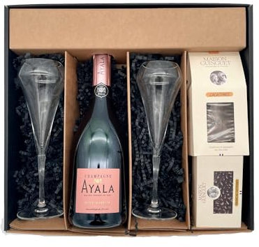 Confezione regalo black - Champagne Ayala -1 Rosé - Cacaotines (1x150g) et Raisins au sauternes (1x100g) MAISON GUINGUET – 2 flûtes CHEF SOMMELIER
