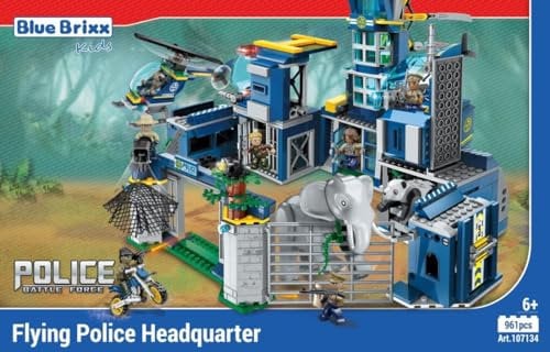 BlueBrixx Kids 107134 – Waldpolizei: Fliegende Polizeistation aus Klemmbausteinen mit 961 Bauelementen