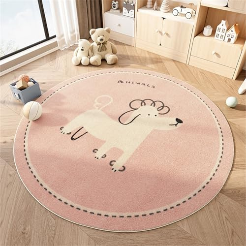Cartoon-Druck runder Kinderteppich, Kinder-Wohnzimmerteppich, rutschfest, Kinderteppich für Jungen, Mädchenzimmer (Gelockter Hund,100cm)