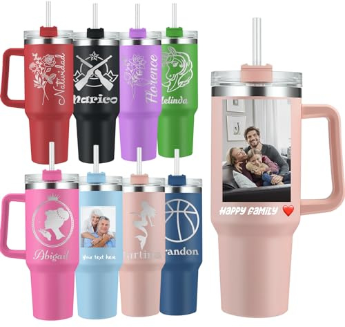 Bicchiere da 40 Once Personalizzato con Manico e Cannuccia Bicchieri in Acciaio Inossidabile Isolati Personalizzati con Manico Bicchieri con Foto con Logo Personalizzato per Uomo e Donna