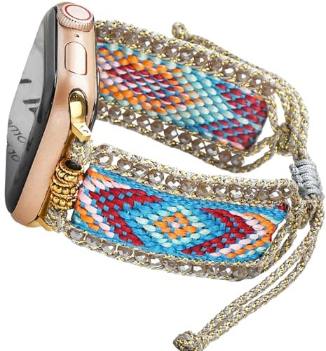 Fancy Woven Braided Nylon Band Compatible with Apple Watch Bands 42mm 44mm 45mm, Retro Boho Friendship Bracelet Handmade Bohemian Beaded Adjustable Dressy Strap Wristbands for iWatch Bands Series