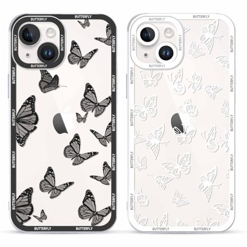 Yoedge 2 Pack Cute Transparent Print Suitable for iPhone 14 Plus 6.7 Inch Phone Case, Butterfly Aesthetic Pattern Shell Soft Silicone Shock-Absorbing Cover, Suitable for Women and Girls