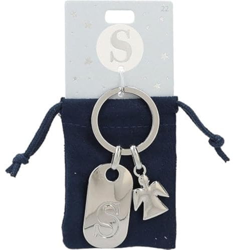 Depesche 11800-022 Porte-clés argenté avec Lettre S et Ange Gardien, Alliage de Zinc, Pochette en Velours colorée Incluse