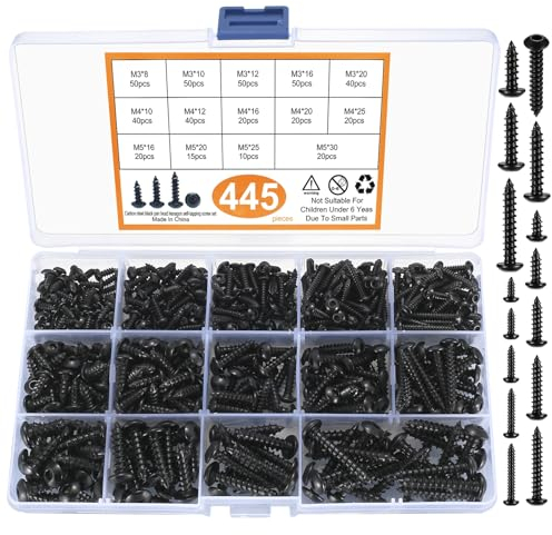 Vis Autotaraudeuses, 445 pièces, Vis Hexagonales M3 M4 M5, Vis à Tête Ronde, Vis à Tête Cylindrique, Vis à Laminage, Résistant à la Corrosion