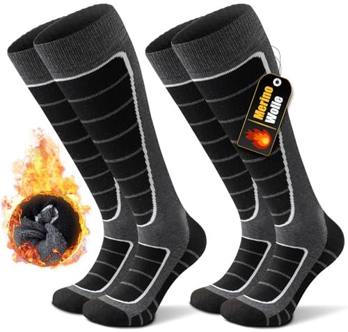 Stoeury 2 Paar Merinowolle Skisocken Herren Damen, Gepolsterte Skisocken, Bequeme Snowboard Socken, Warme Skistrümpfe, Thermosocken Wintersocken für Skifahren, Langlauf, Snowboarden, Grau, L