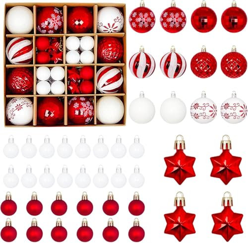 MHwan Palline di Natale, 44 Pezzi Palline di Natale Rosse Bianche Splendidamente Dipinte, Infrangibili e Durevoli, Decorazioni Scintillanti per Addobbi Albero di Natale, 6 cm e 3 cm