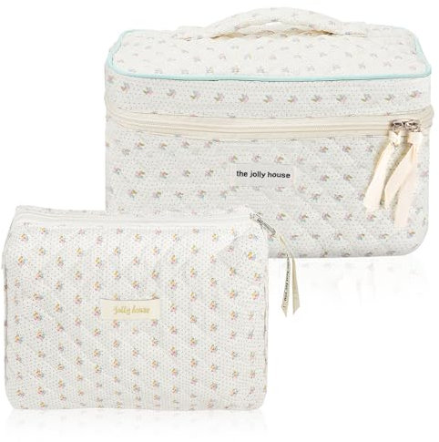 Aucuu Reise Kosmetiktasche Set Damen, Coquette Make-up-Tasche, Gesteppte Kulturtasche Damen, Kosmetiktasche Groß Kapazität, Baumwolle Make-up Tasche mit Blumenmuster für Kinder Damen Herren