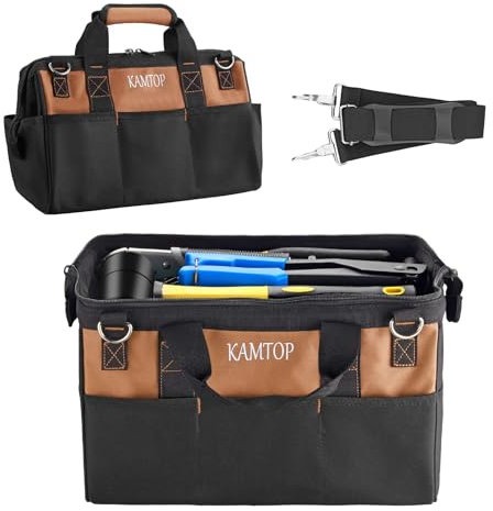 Kamtop 14 inch Heavy Duty Tool Bag - Multi-Pockets Tool Bag with Adjustable Shoulder Strap, Wide Open Mouth Tools Storage Bag with Plastic Hard Base