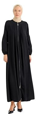 ELYANUR Elegante, Plissierte Abaya mit Reißverschluss, aus strapazierfähigem Polyester, perfekt für dezente Mode und Komfort im Alltag. | 50 - Schwarz