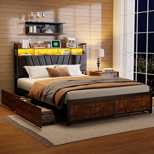 KeepGoon Doppelbett 140 x 200 cm,Schubladenbett mit LED-Licht USB-Buchse, PU-Kopfteil mit Zwei Ebenen mit Ablagefächern, Kopfteil mit Stauraum,Bett aus Stahlholz,Mattschwarze Tigerhautfarbe